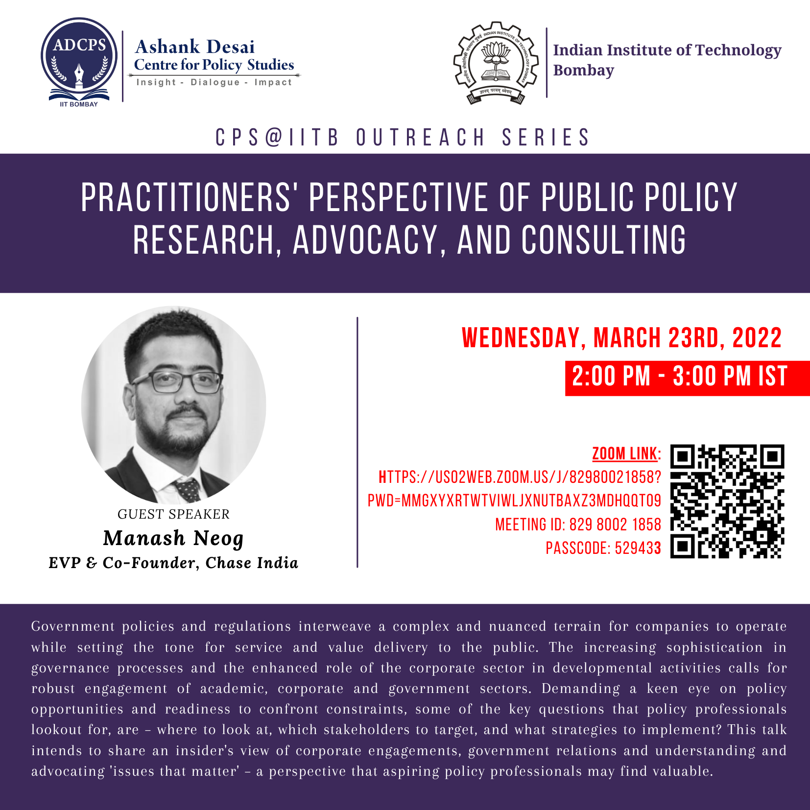 Register for GATE to apply for Masters in Public Policy – Ashank Desai  Centre for Policy Studies, IIT Bombay